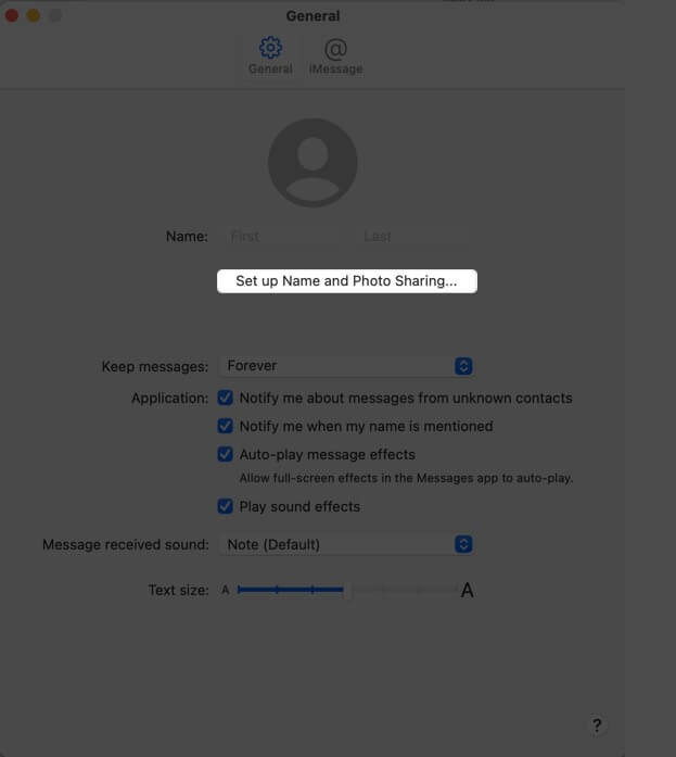 click on set up name and photo sharing in imessage preferences on mac