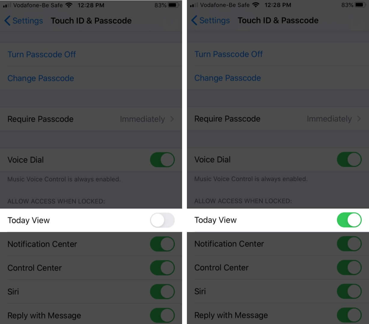 enable today view in touch id and passcode on iphone