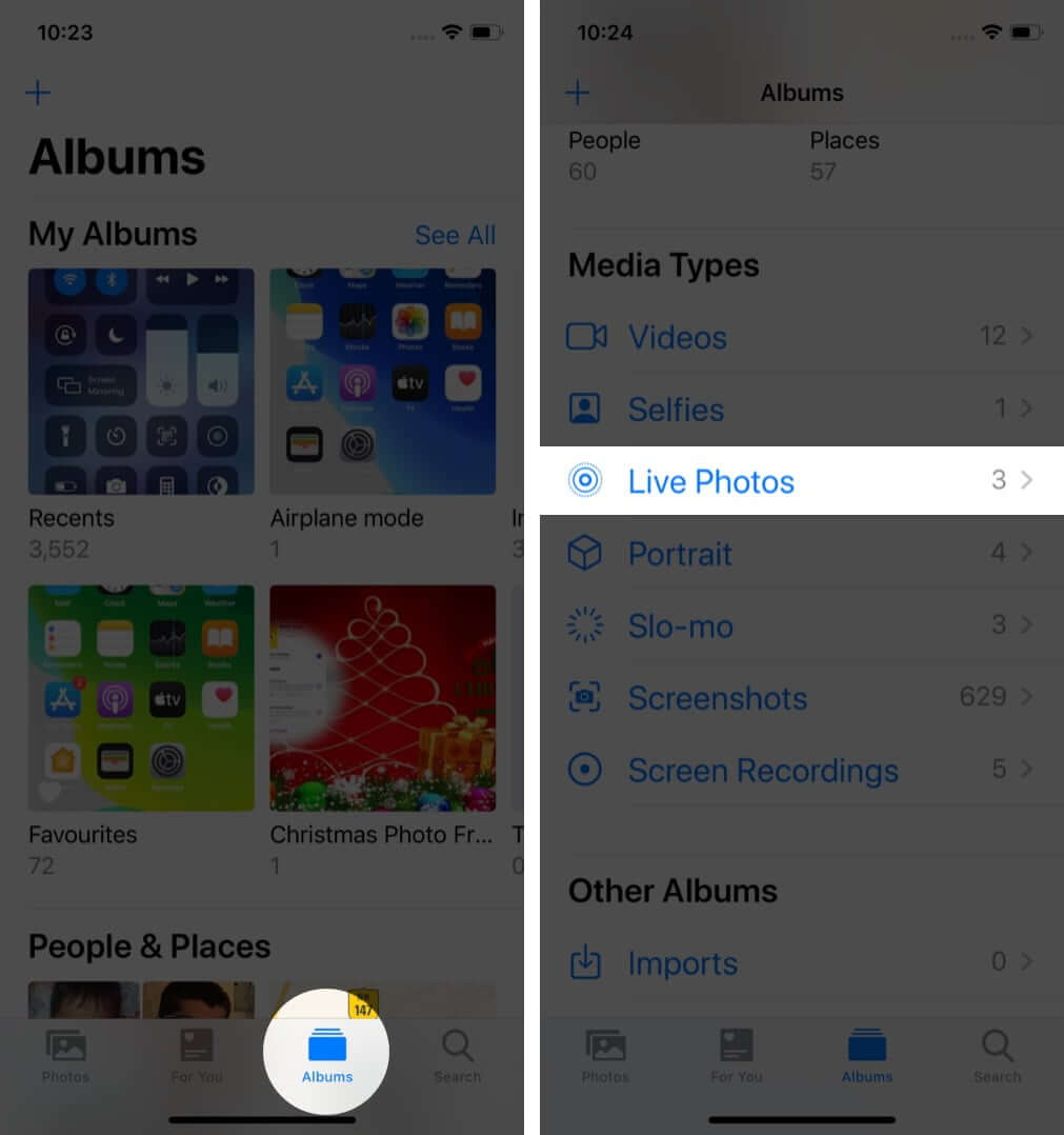tap on albums and tap live photos in photos app on iphone