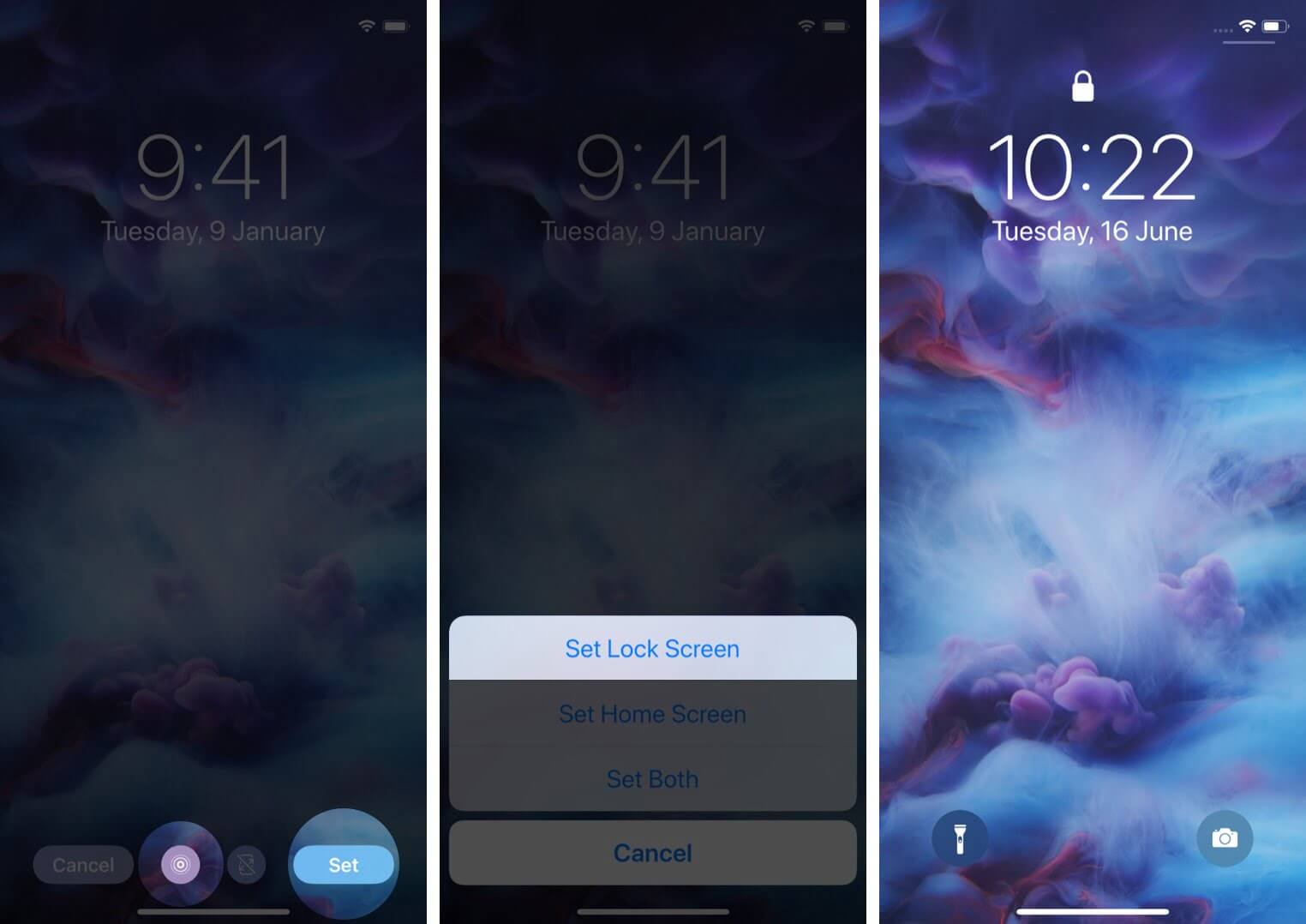 tap on set and select set lock screen to set live wallpaper on iphone
