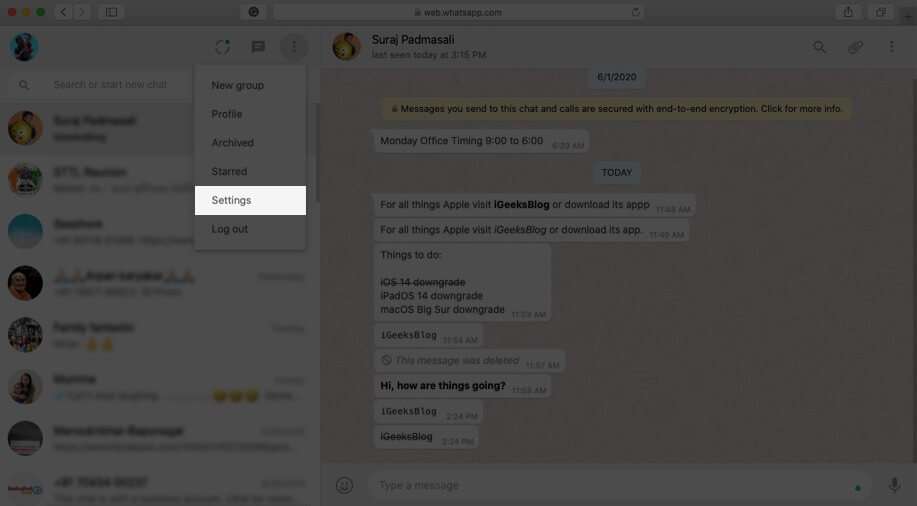 click on settings in whatsapp web