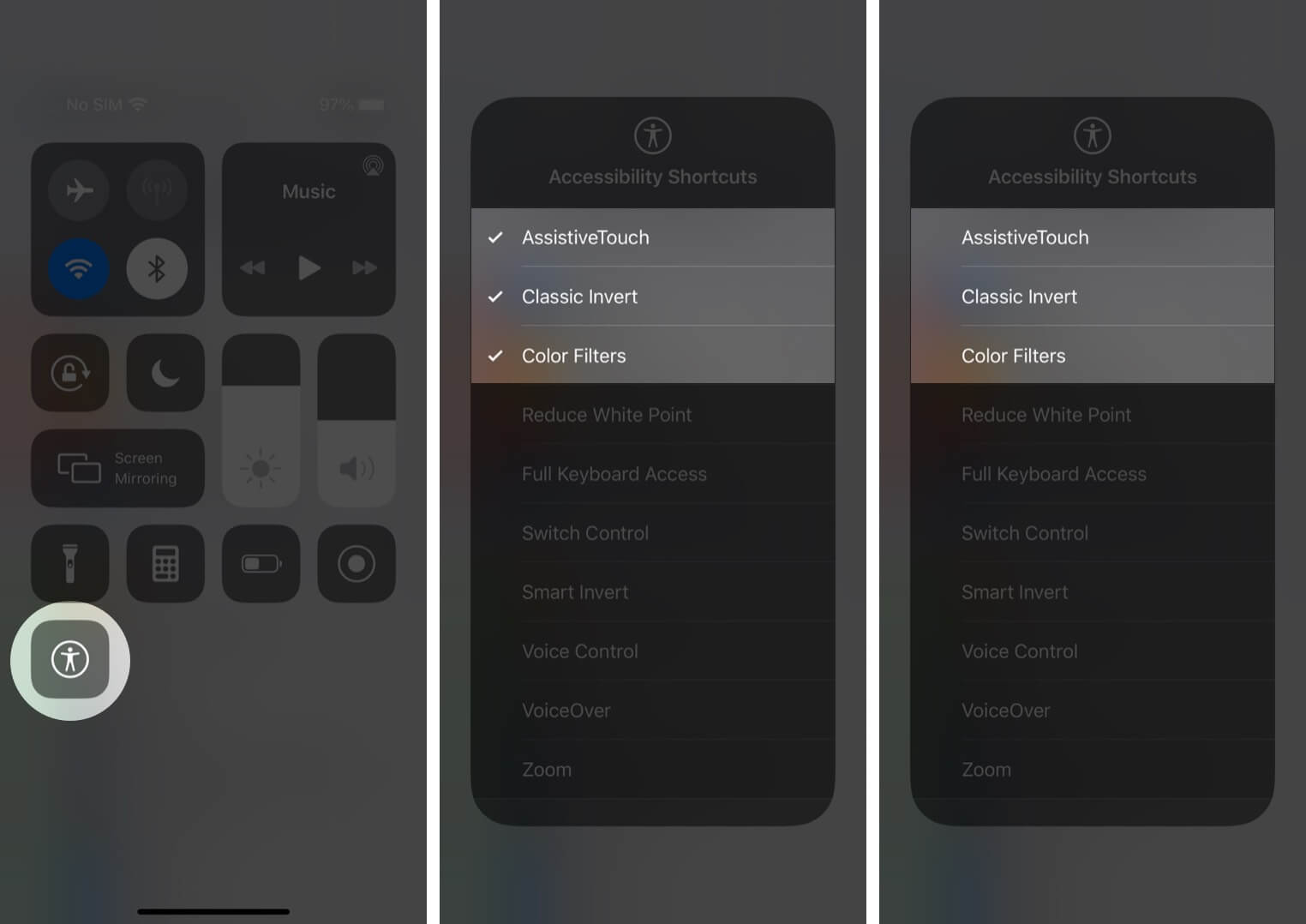 disable accessibility shortcuts using control center on iphone