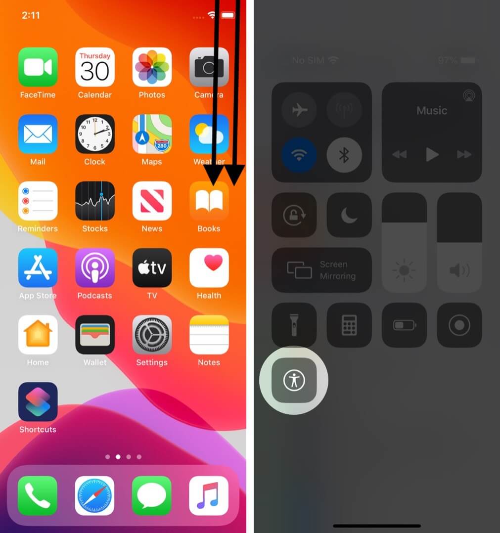 open control center and tap on accessibility shortcut on iphone