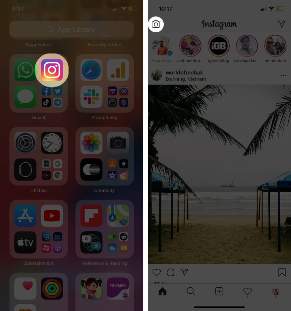 open instagram and tap camera icon on iphone
