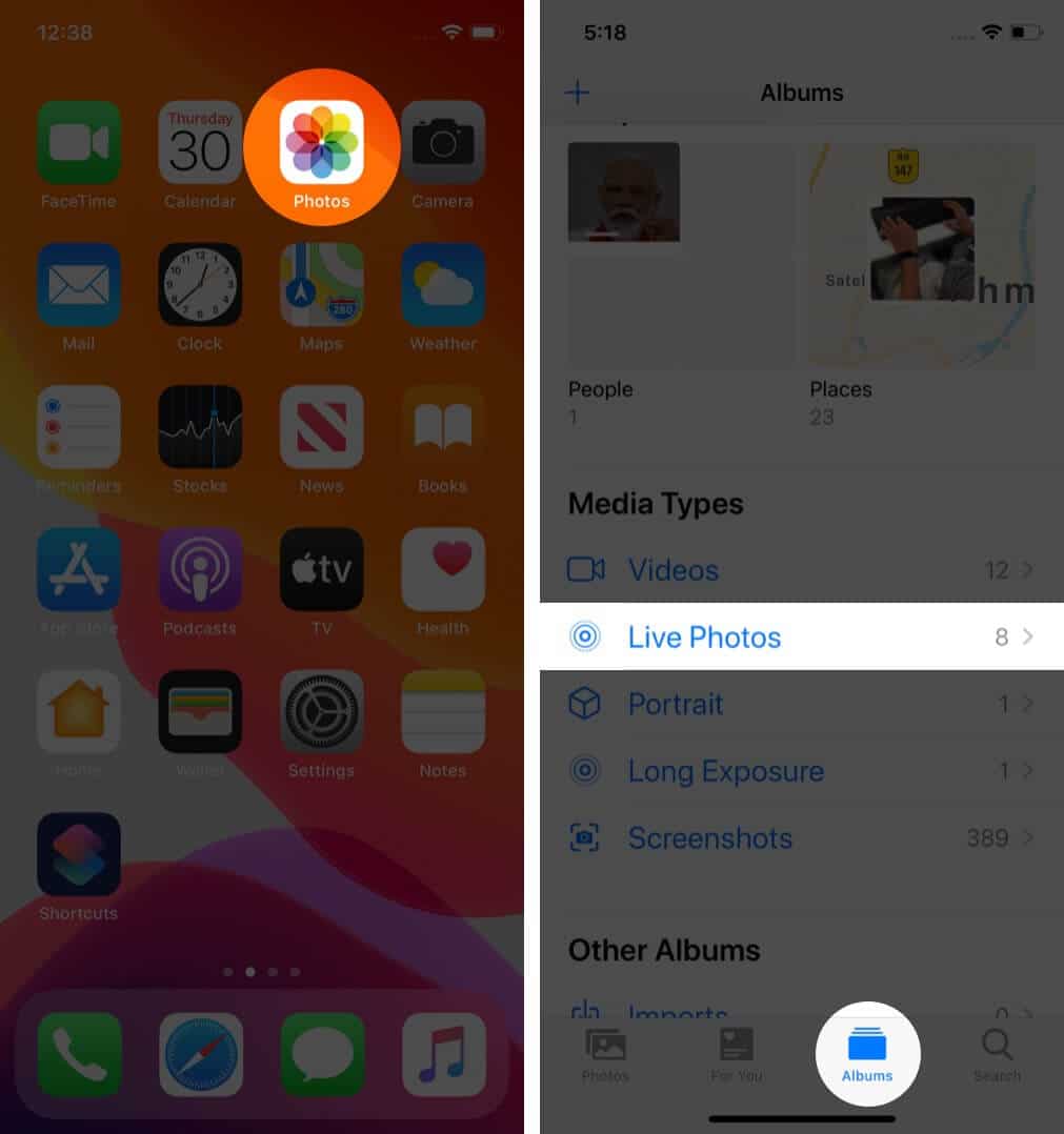 open photos app and tap on live photos in albums tab on iphone