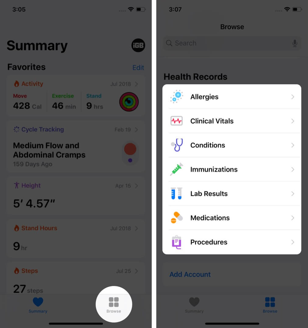 tap on browse and tap on category under health records on iphone