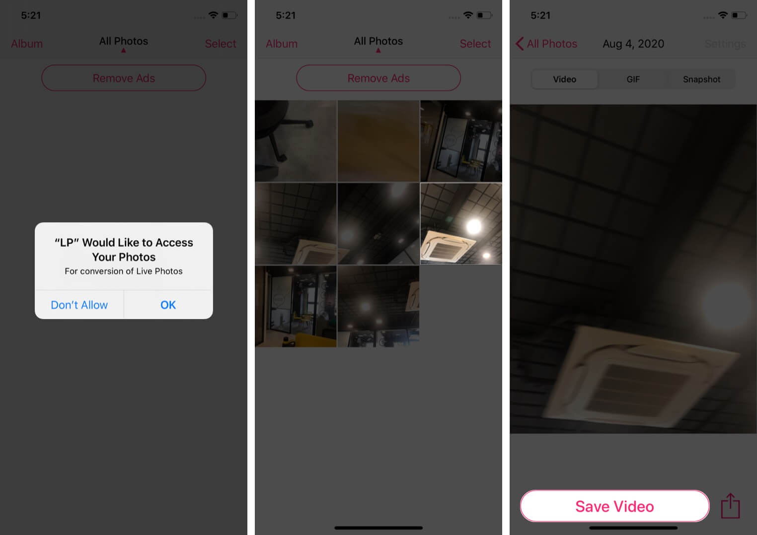 tap on ok select photo and tap on save video in lp app on iphone