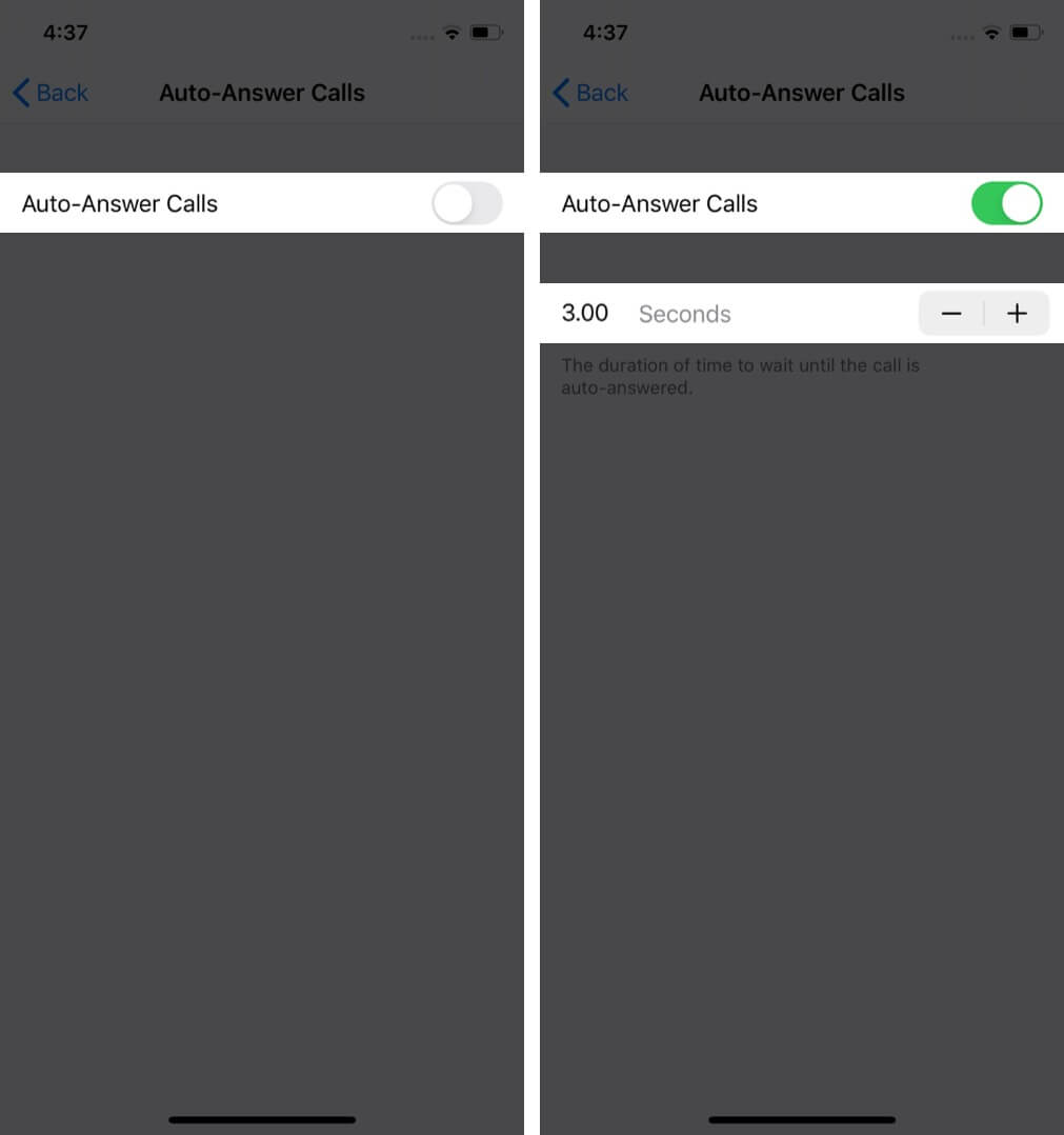 turn on auto-answer calls and set wait-time on iphone