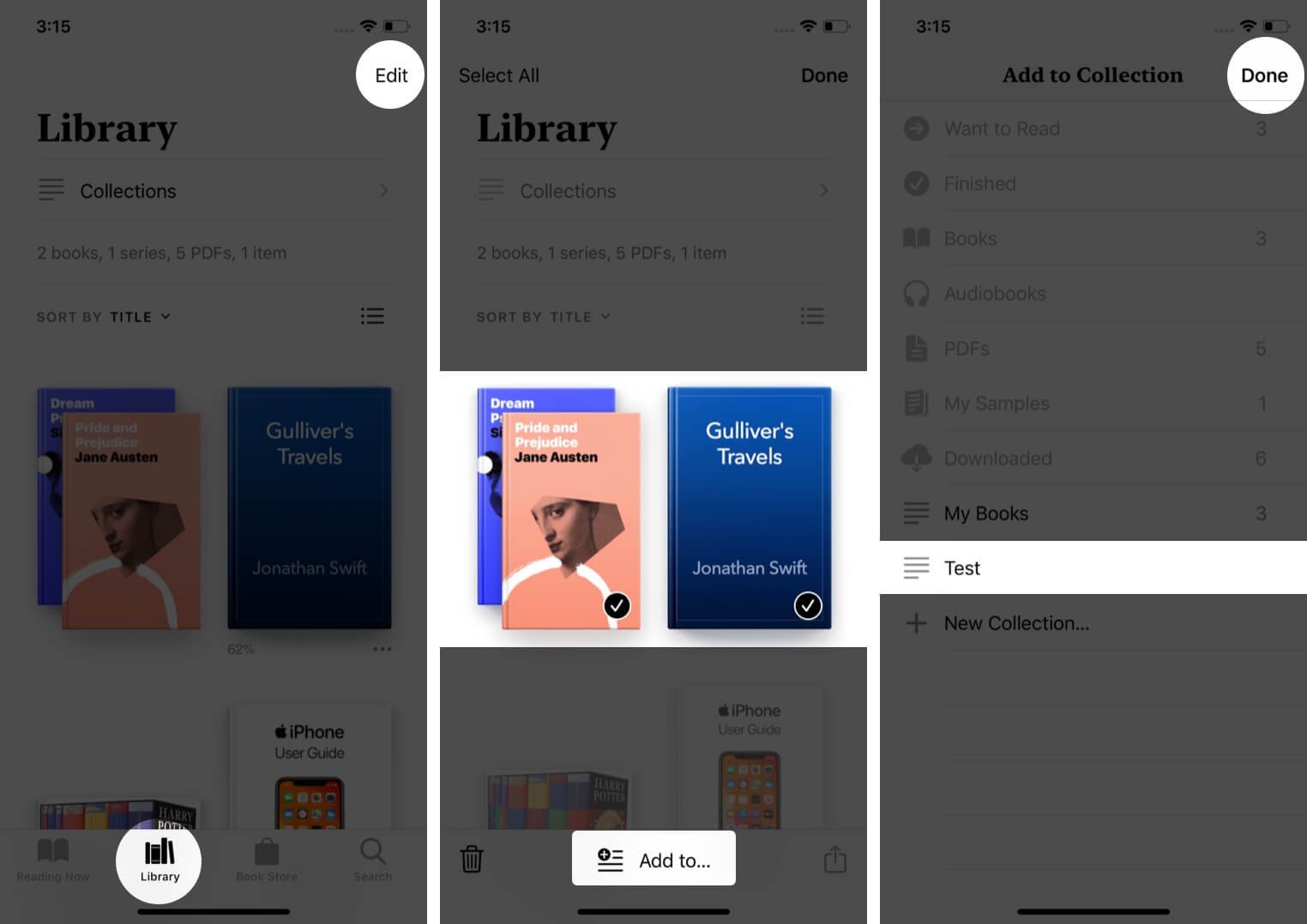 add books to new collection on iphone