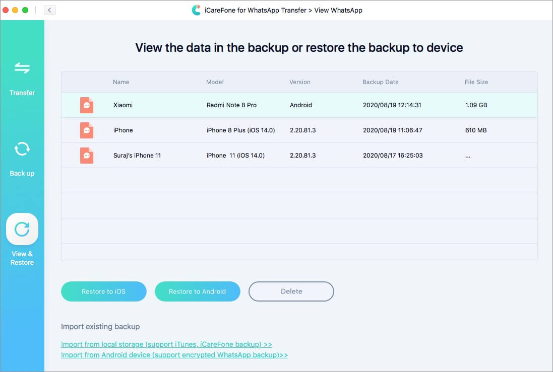 click on restore to android in icarefone on mac