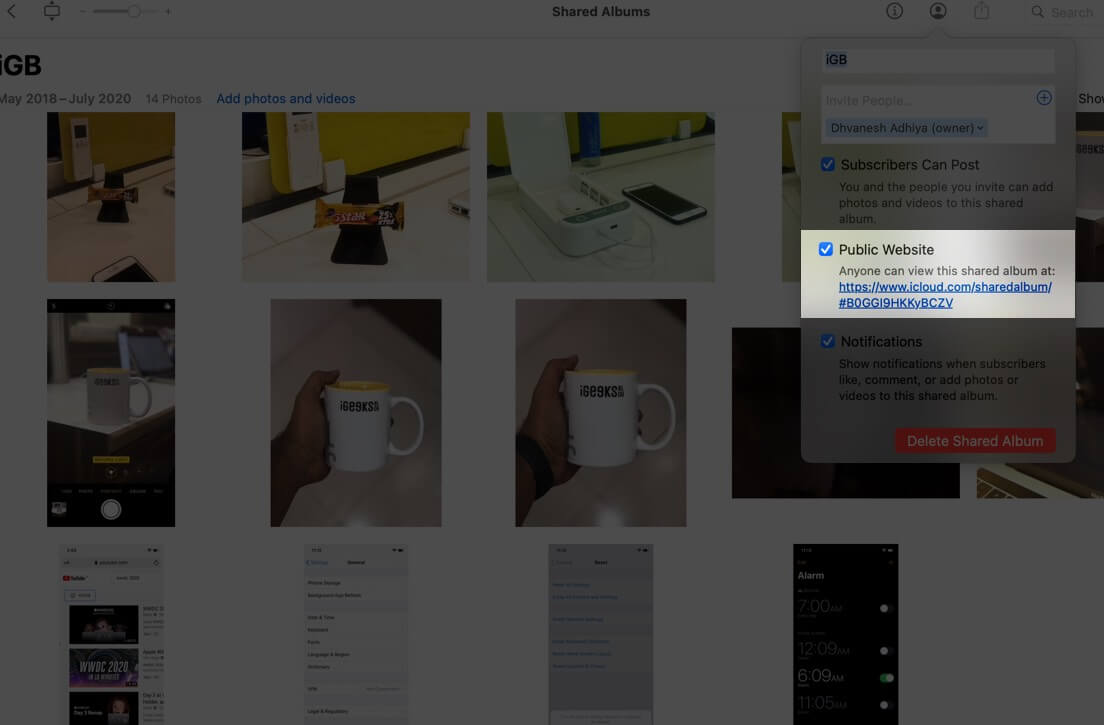 create public website for shared album on mac