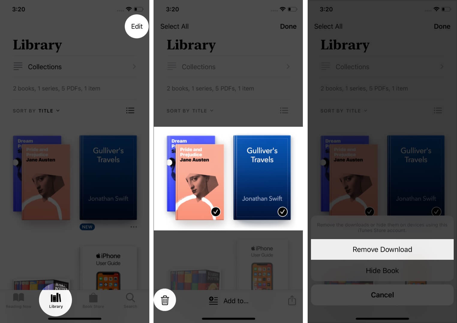 delete multiple books from books app on iphone