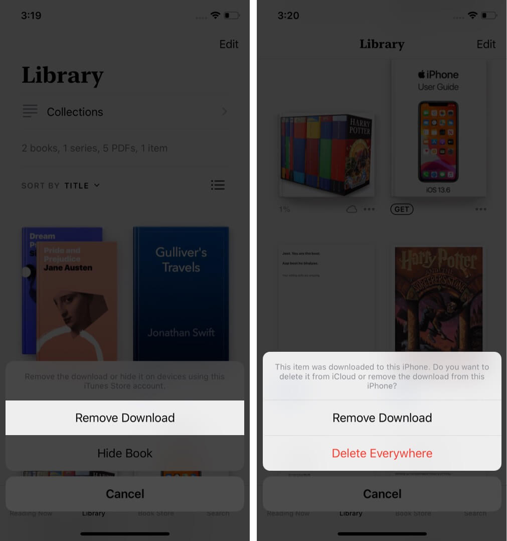 delete single book from books app on iphone