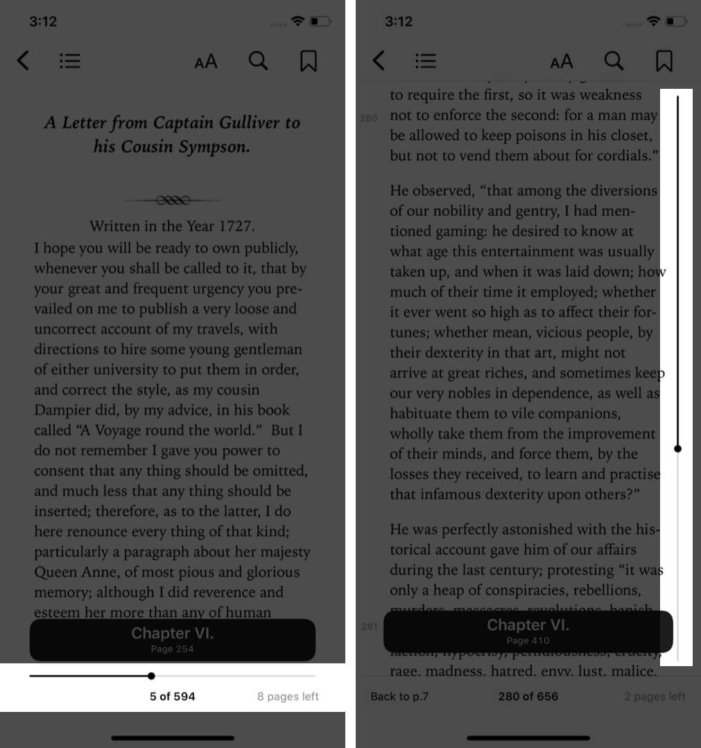 drag slider to go to particular chapter or page in book on iphone