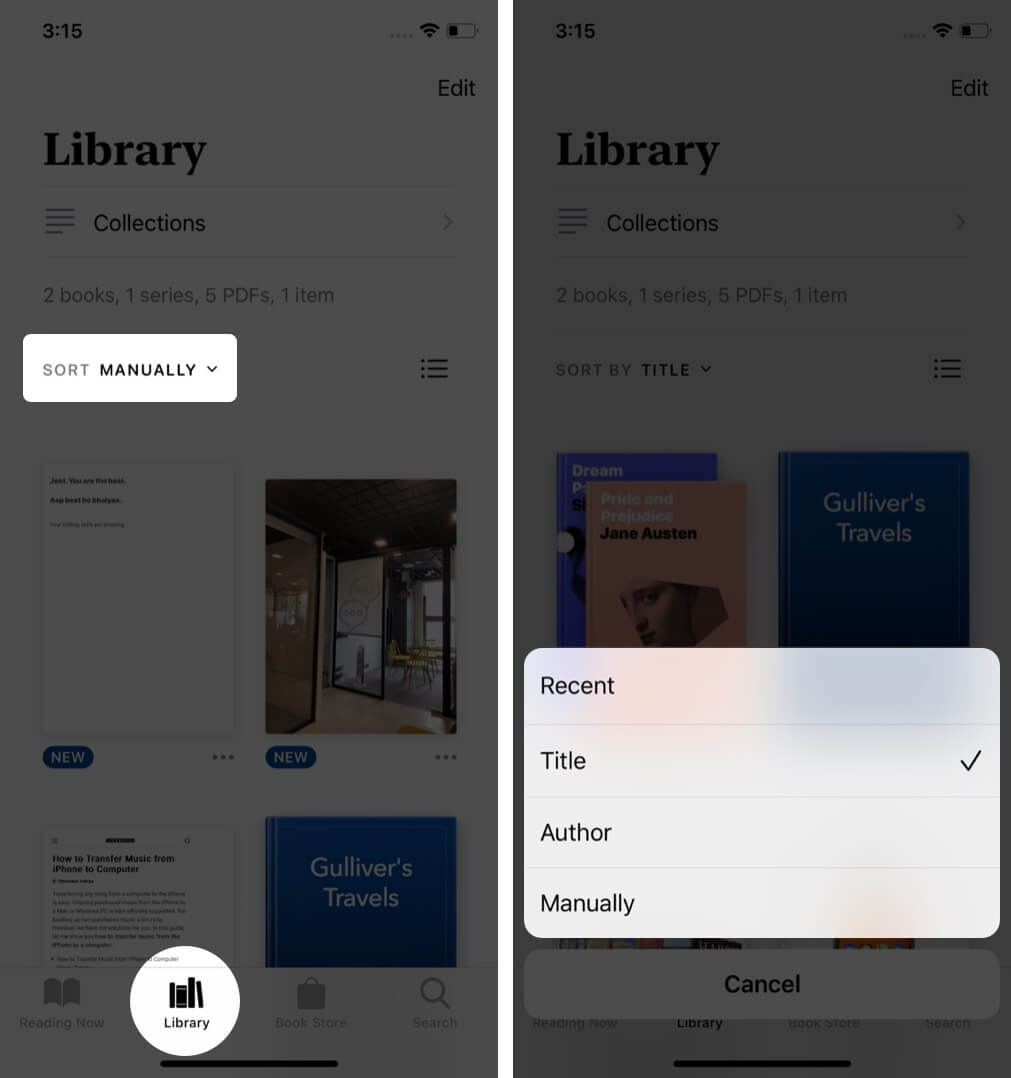 open books app select library tap on sort and select option to sort books on iphone