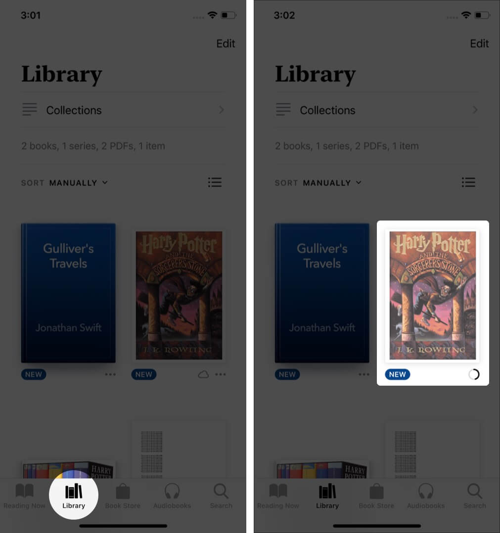 open books app tap on library and tap on book in books app