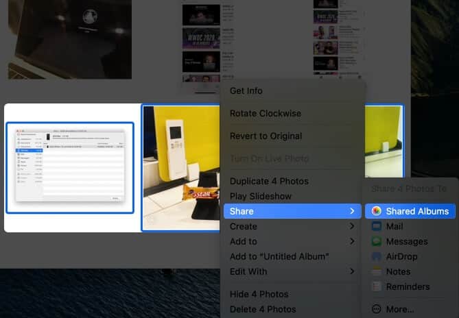 right click on photos choose share and then select shared albums on mac
