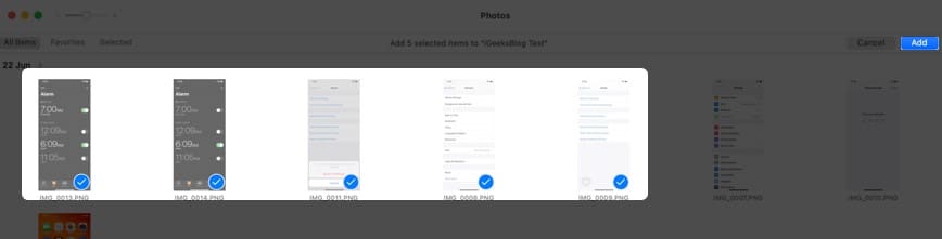 select photos and click on add on mac