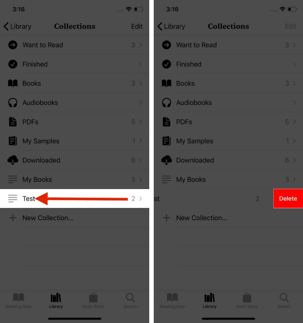 swipe collection to left and tap on delete to remove collection from books app