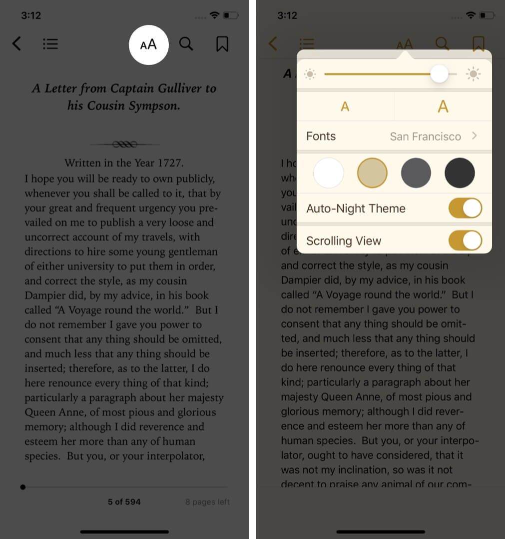tap on aa and change options to customize reading in books app on iphone