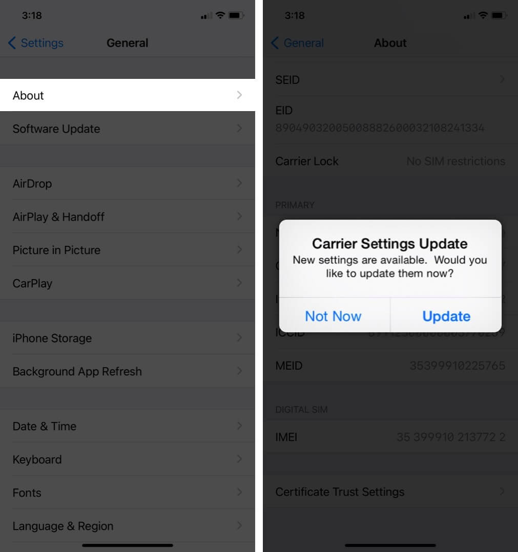 tap on about and tap on update to manually update carrier settings on iphone