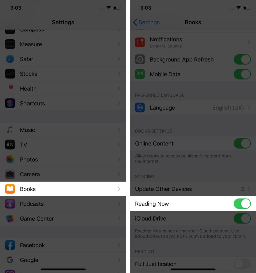 tap on books and enable reading now to sync books with icloud on iphone