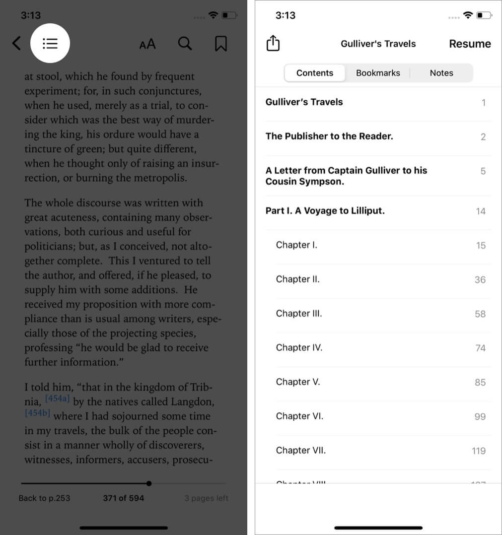 tap on three line to view contents, bookmarks and notes in books app