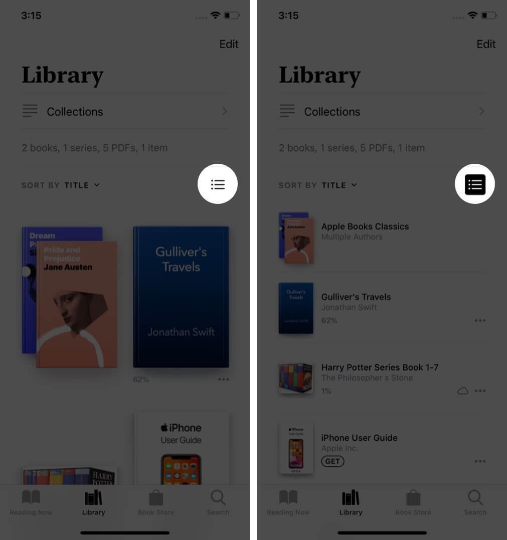 tap on three lines to change display style in books app on iphone