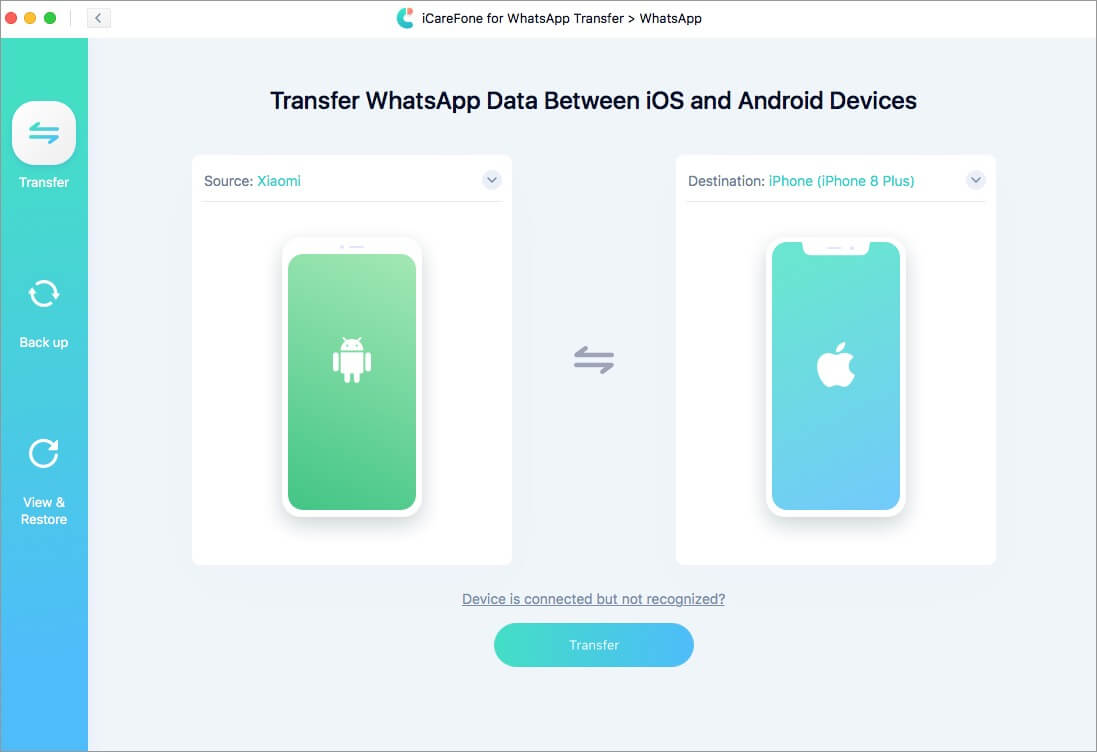 transfer whatsapp data between ios and android devices using icarefone software