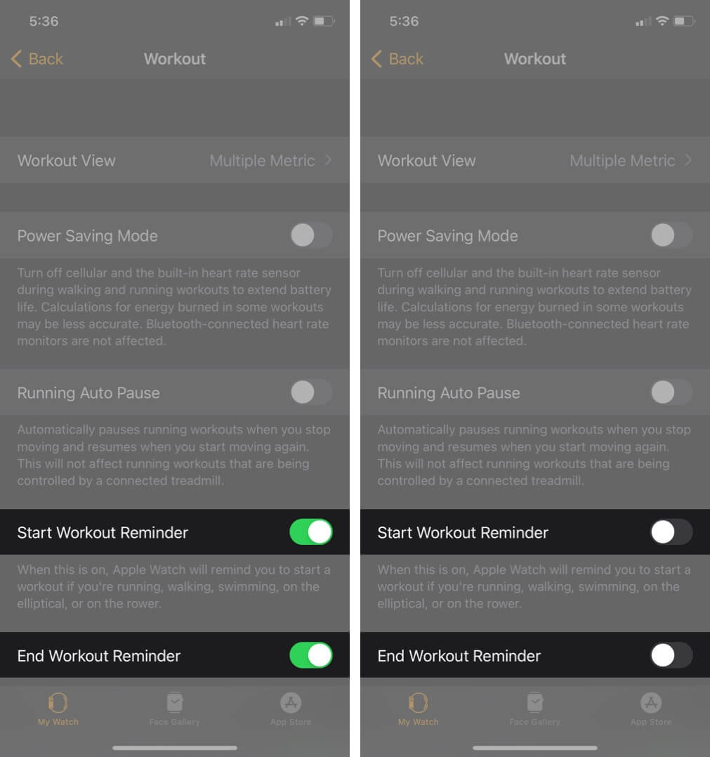 turn off start workout and end workout reminders to disable workout detection on iphone
