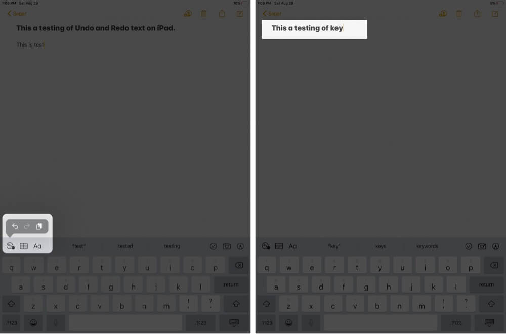 undo text in notes app on ipad