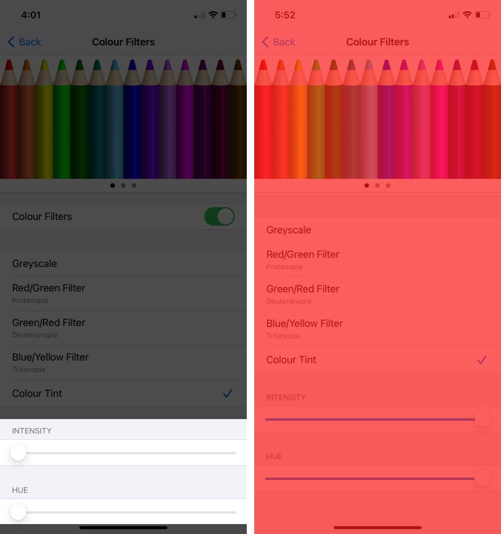adjust color tint and intensity on iphone