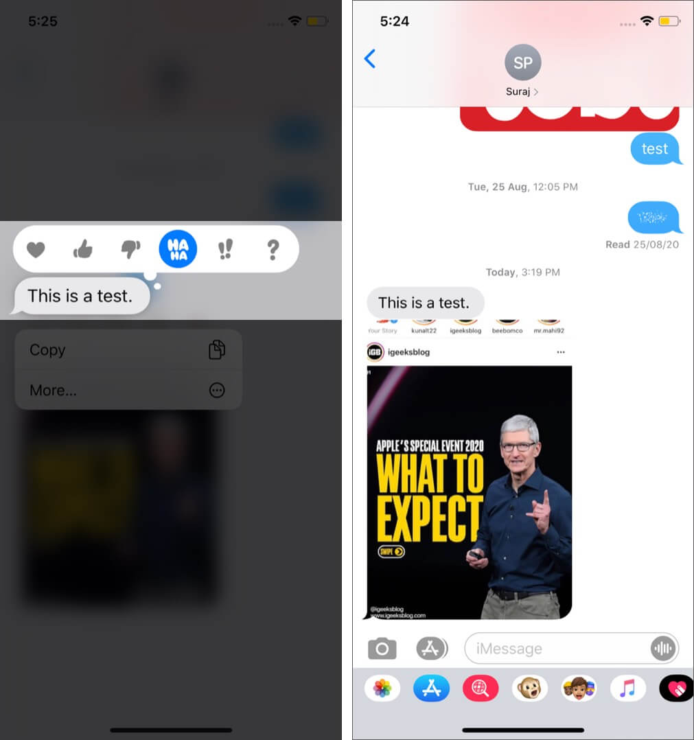 delete emoji reaction tapback in imessage on iphone