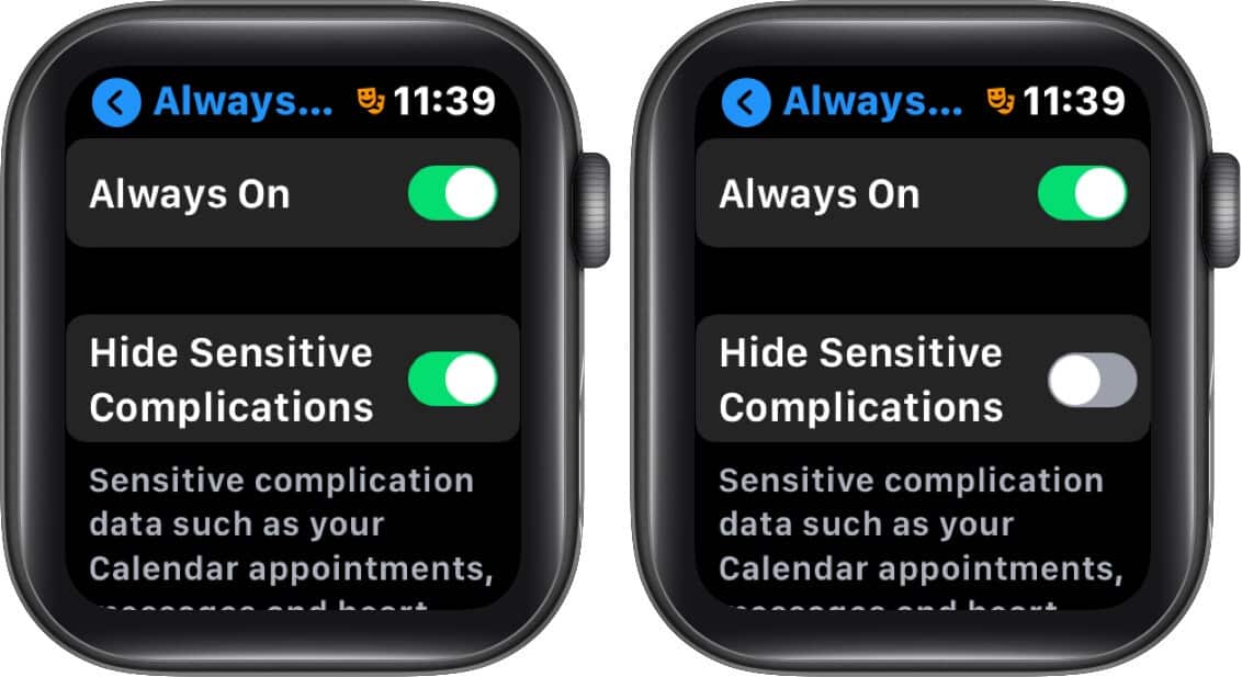 disable hide sensitive complications on apple watch