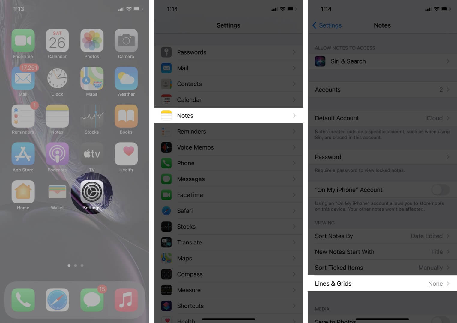 open settings tap on notes and then tap on lines and grids on iphone