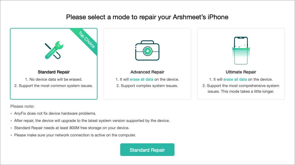 select preferred option in anyfix software