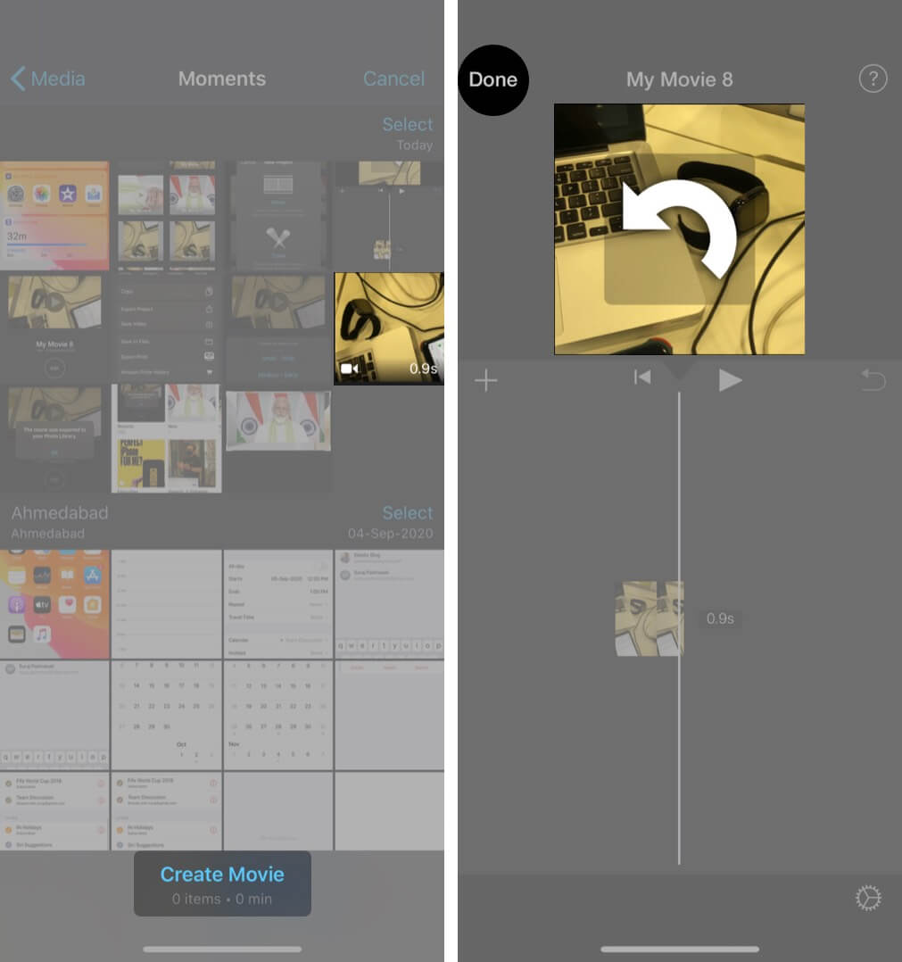 select video tap on create movie and rotate video in imovie app on iphone