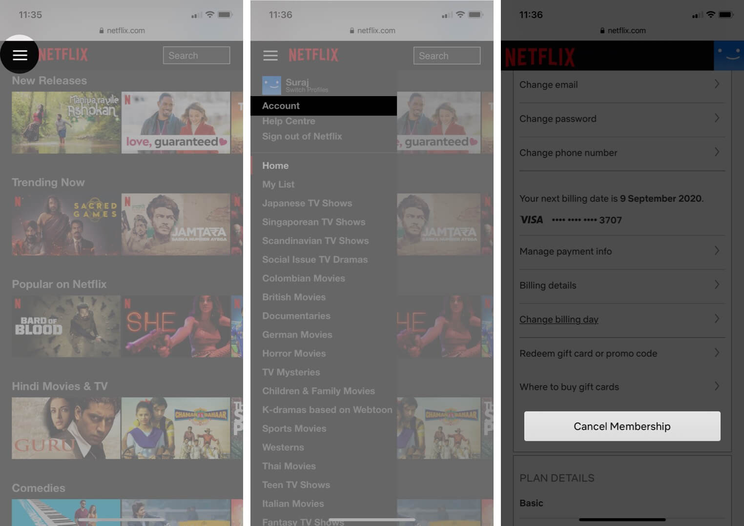 tap on hamburger icon select account and tap on cancel membership in netflix on phone