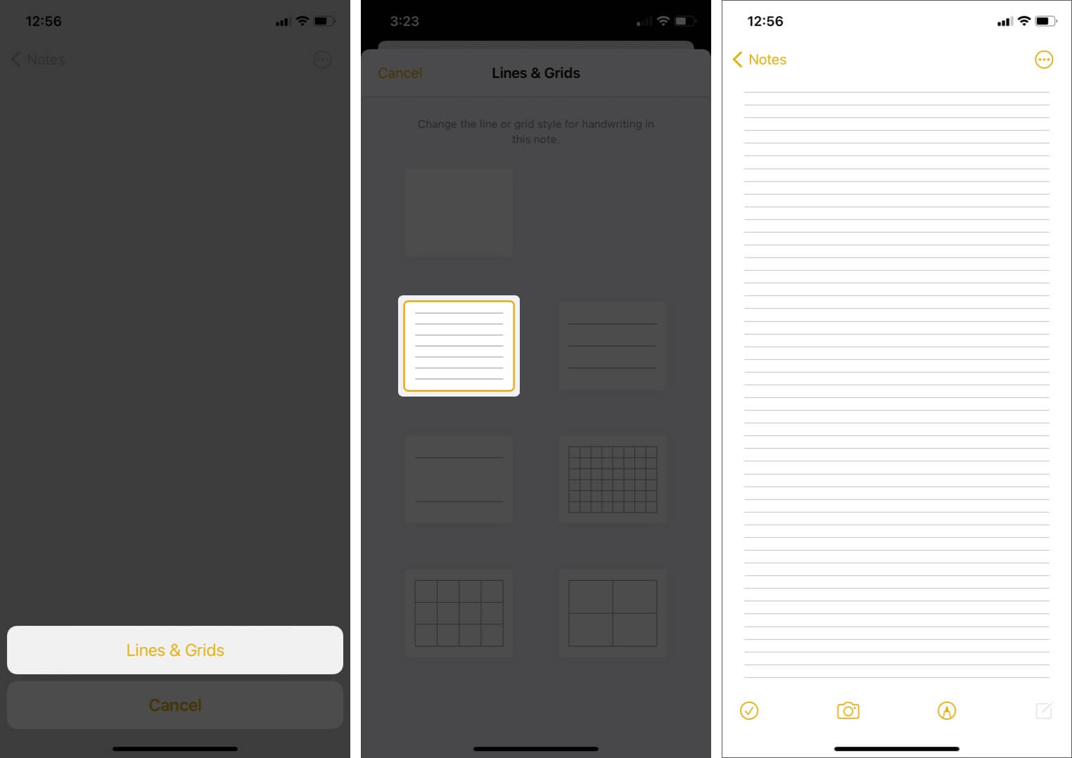 tap on lines & grids and select option to change paper style in iphone notes app