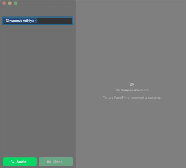type contact name or number and click on audio to make facetime audio call on mac