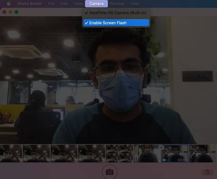 Click on Camera from Top Menubar and then Click on Enable Screen Flash on Mac