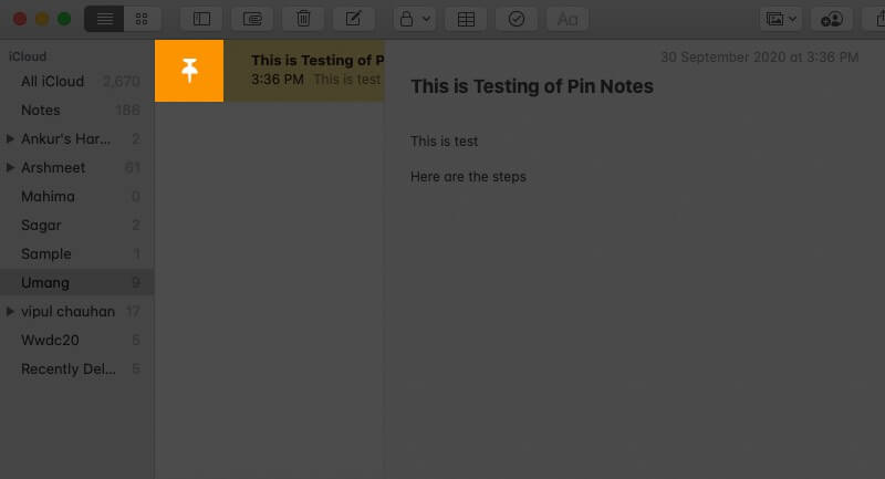 Click on Pin Icon to Pin Note on Mac