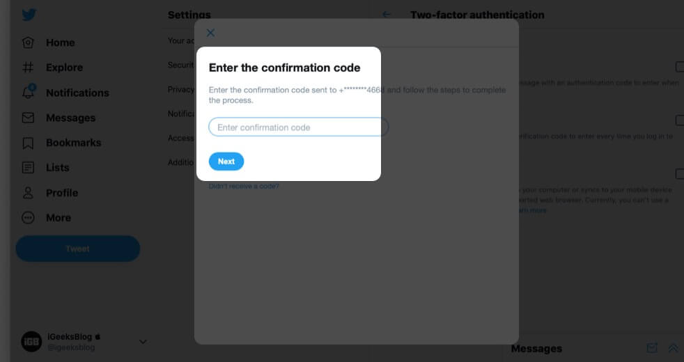 Enter Code and Click on Next to Enable 2FA via Text Message for Twitter on Computer