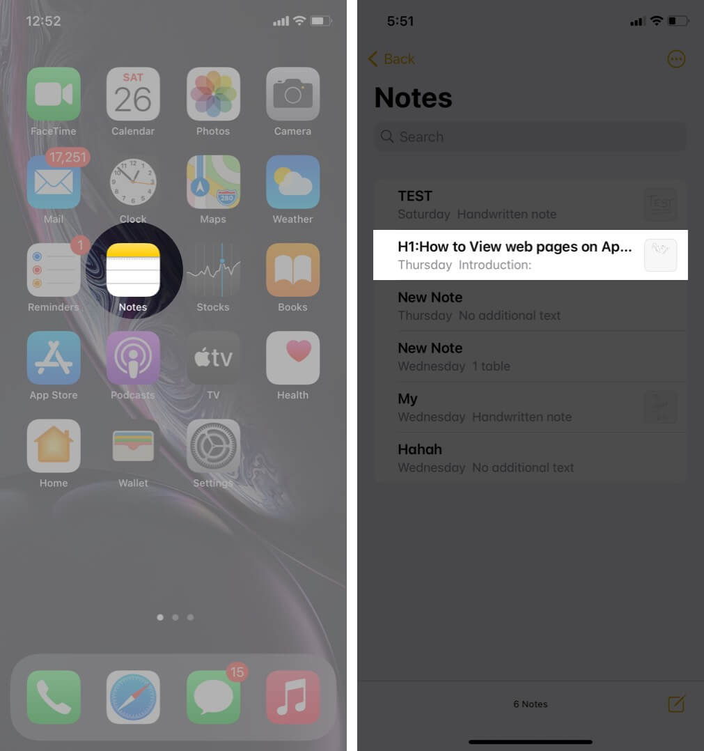 Open Notes App and Tap on Note on iPhone