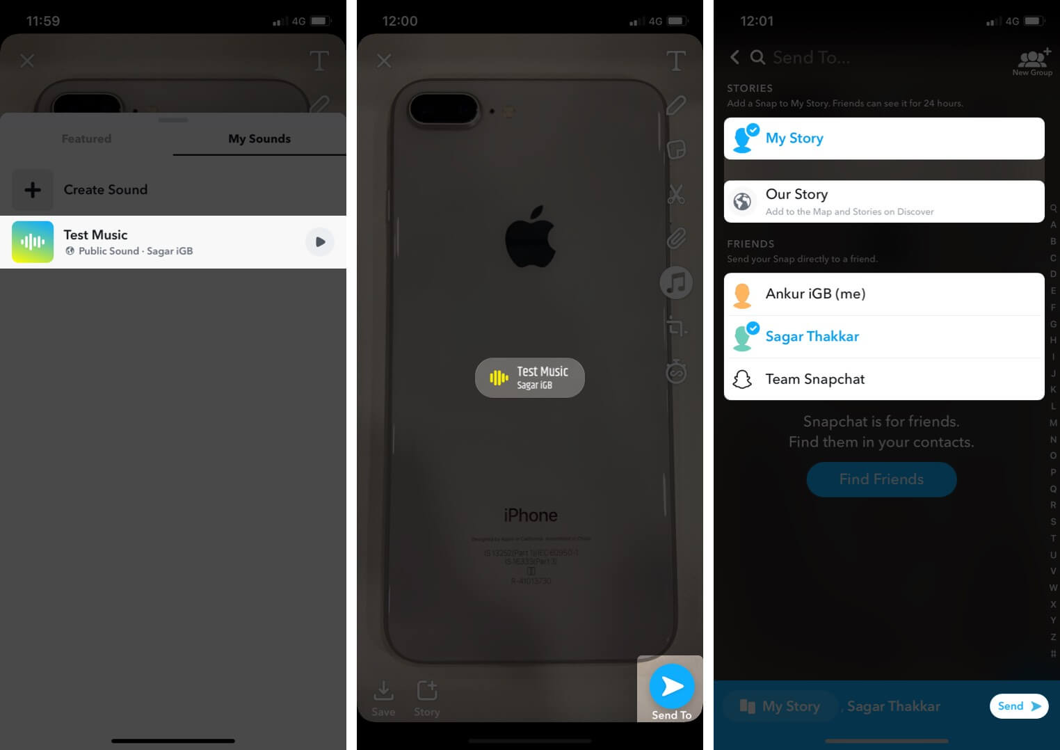 Select Created Sound and Tap on Send to Share it on Snapchat