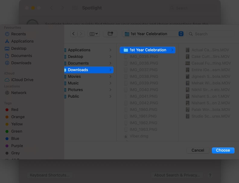 Select Location and Click on Choose to Change Spotlight Preferences on Mac