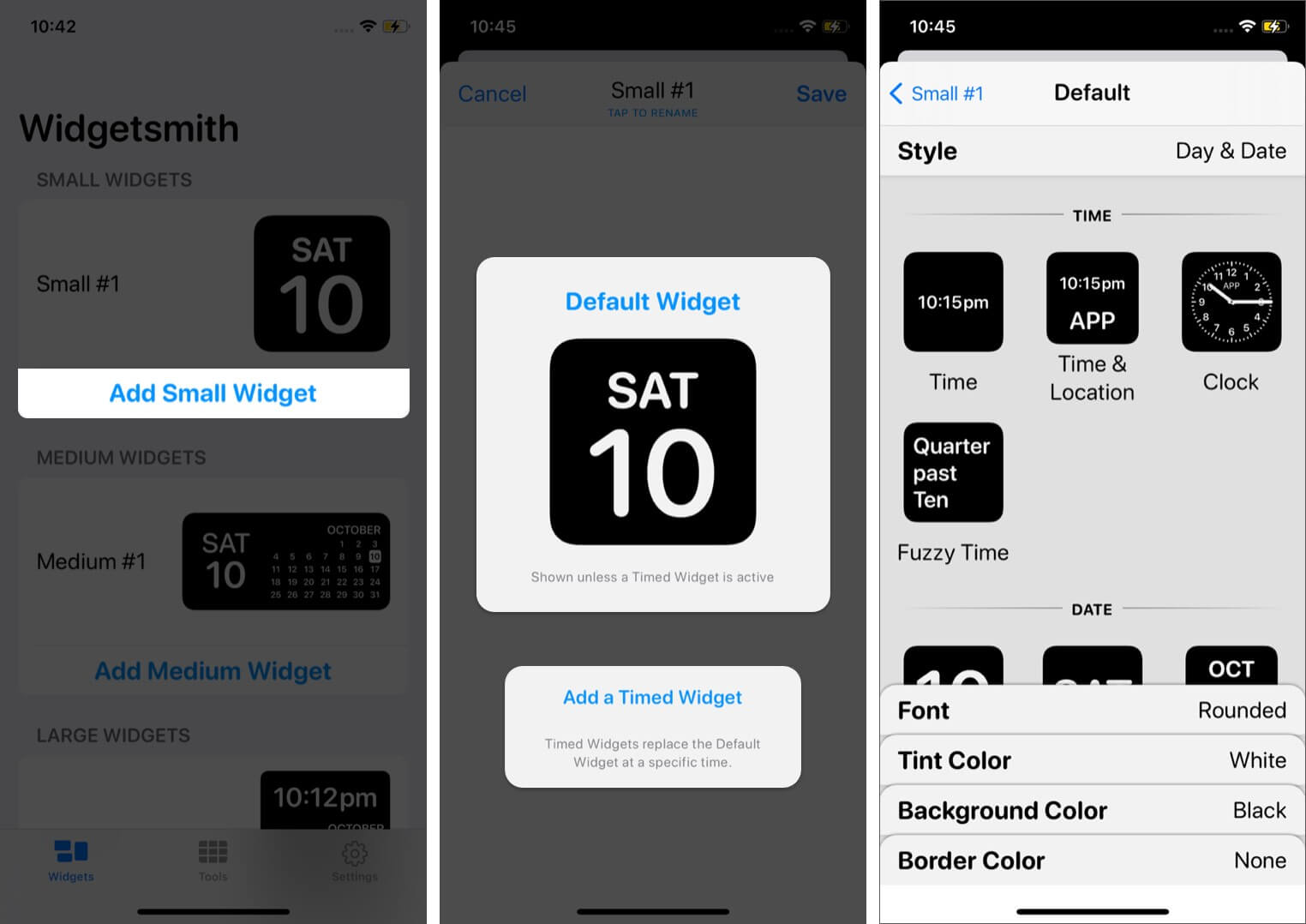 Tap on Add Small Widget Then Tap on Add Timed Widget and Select Style in WidgetSmith App on iPhone