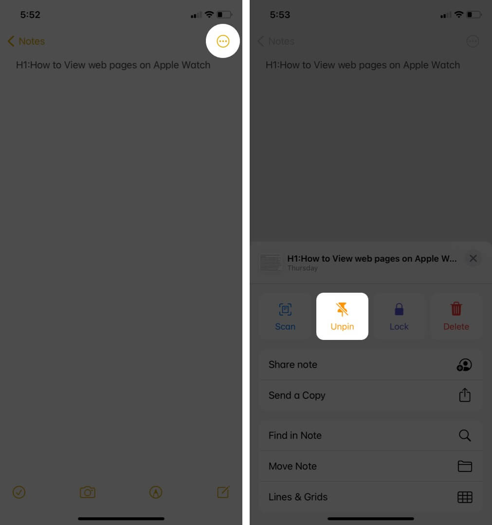 Tap on Ellipsis Icon and Tap on Pin Icon to Unpin Note in Notes App on iPhone