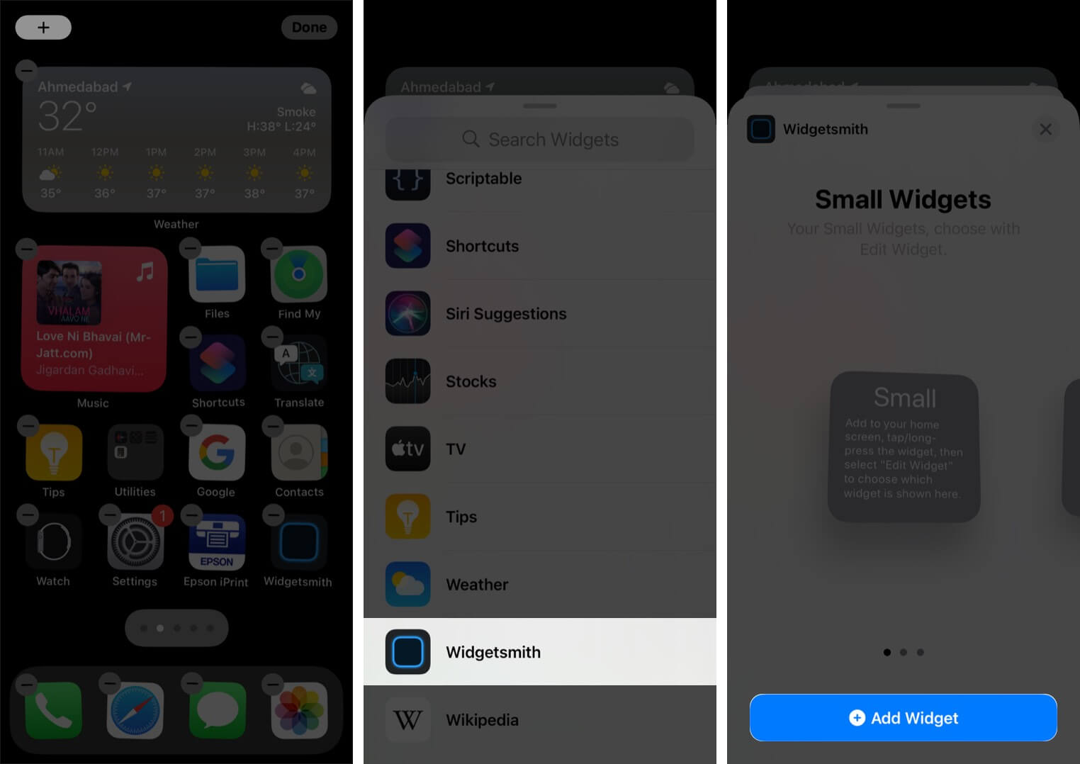 Tap on Plus in iPhone Home Screen Select Widgetsmith and then Tap on Add Widget