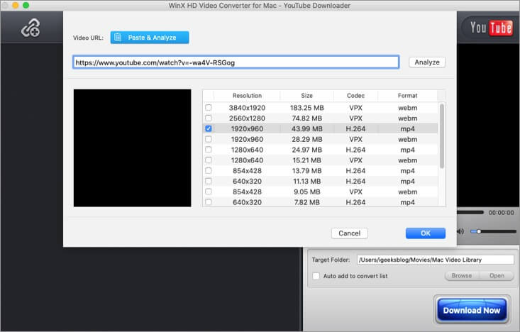 Paste YouTube Video URL Select Resolution and Click on OK